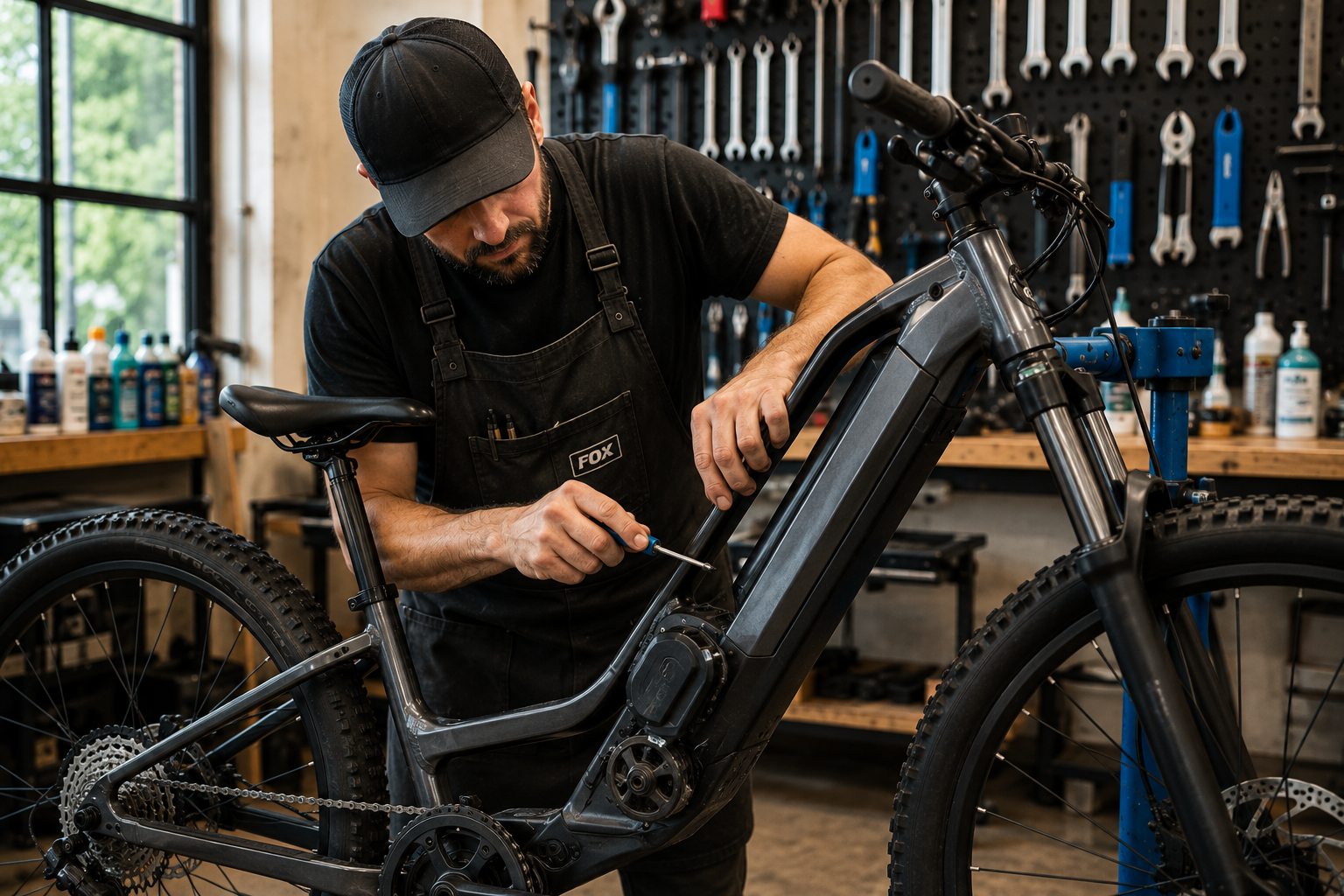 Close-up of e-bike repair work in a local bike shop.